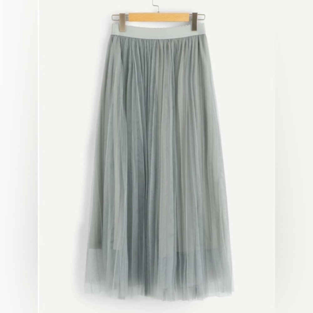 Light Grey Mesh Tulle Pleated Skirt - Picture 6 of 10